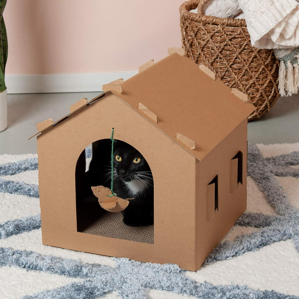 Pet Furniture for Cats and Kittens - Gingerbread House Corrugated Cat Scratcher Hideout with Catnip, Cardboard (Brown), One Size